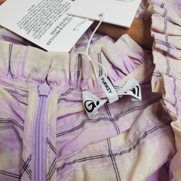 New Ganni Seersucker Check Ruched Short Dress - Picture 7 of 11